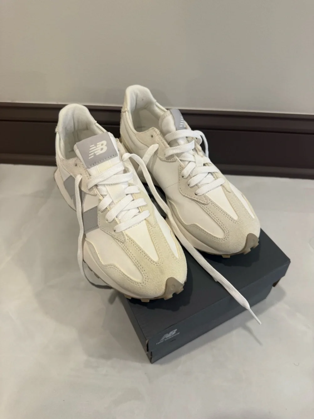 New Balance 327 Cream & Gray Retro Runner Sneakers - Picture 2 of 8